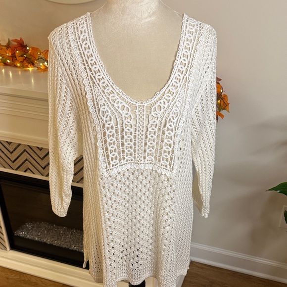 CJ Banks Sweaters - CJ Banks White Crochet V-Neck Sweater